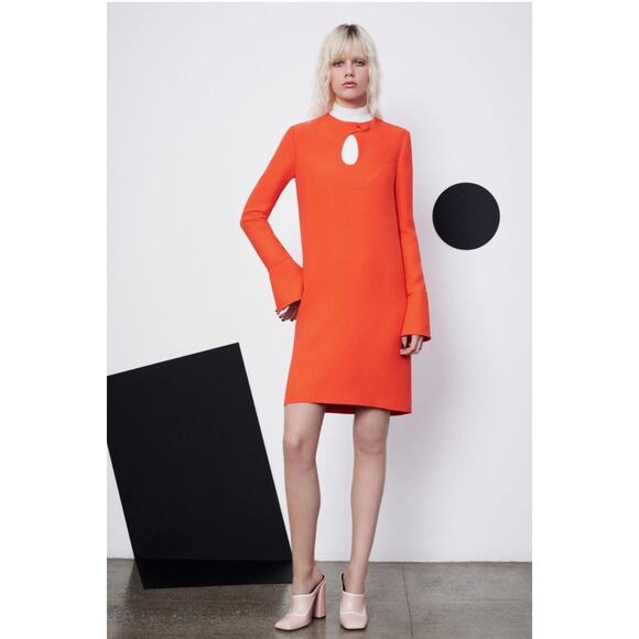 Derek Lam Women’s 8 Orange Viscose Keyhole Long Sleeve Mod Midi Dress Designer - Picture 1 of 10